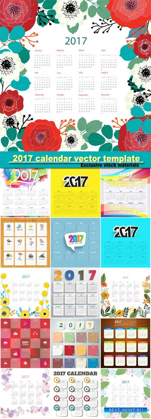 2017 calendar vector template, floral design