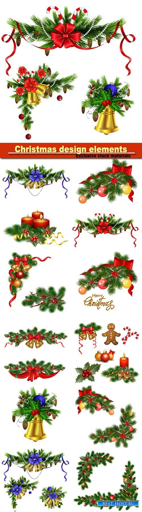 Christmas design elements, background with fir tree, holly and decorative elements
