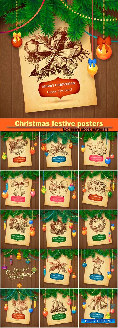 Christmas festive posters on the wooden background