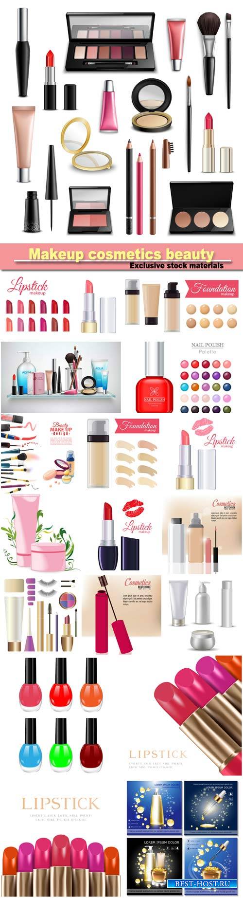 Makeup cosmetics beauty, collection with lip gloss compact powder and eyeliner