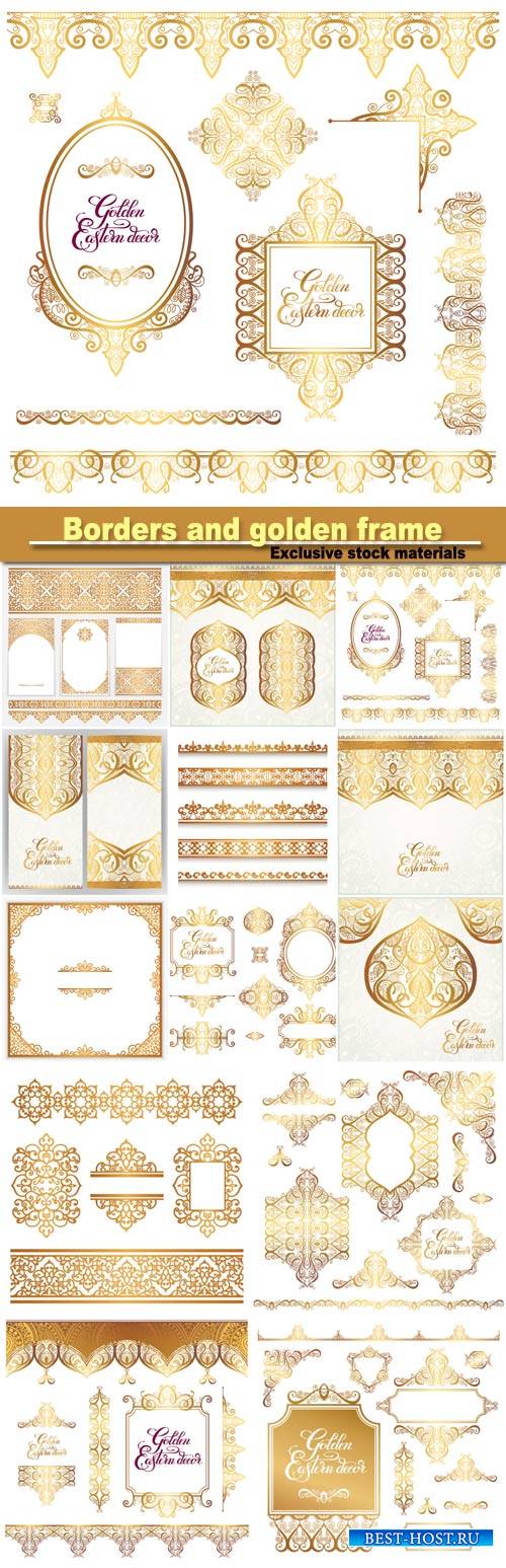 Floral vintage gold borders and golden eastern decor elements, paisley pattern