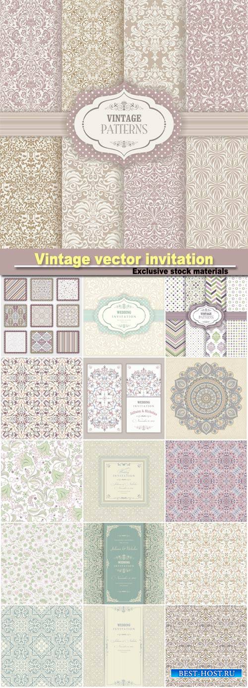 Vintage vector invitation with patterns, seamless textures