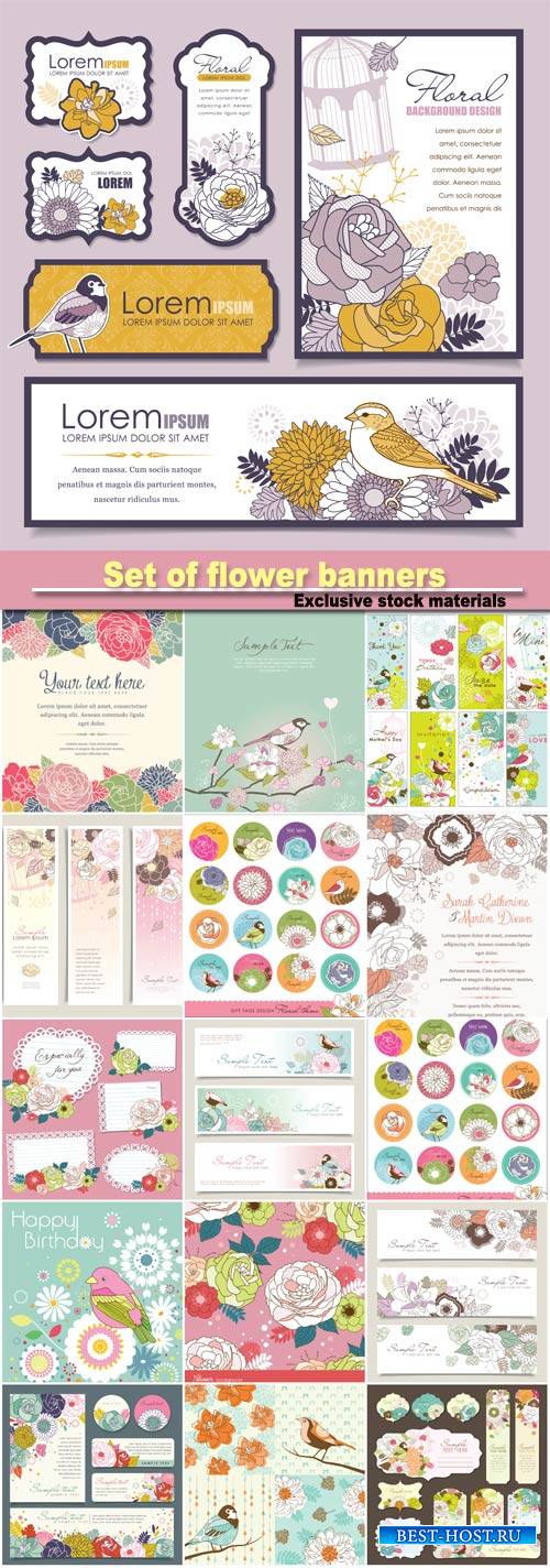 Set of flower banners, invitation card with flower