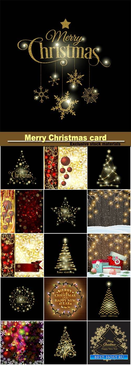 Merry Christmas card, golden Christmas ball, Christmas tree and snowflakes