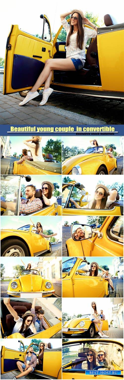 Beautiful young couple enjoying road trip in convertible