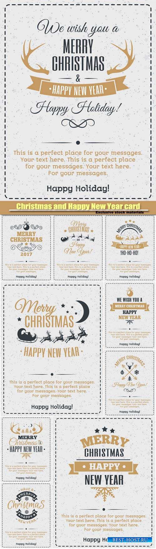 Christmas and Happy New Year card, gold color style, vintage christmas labe ...
