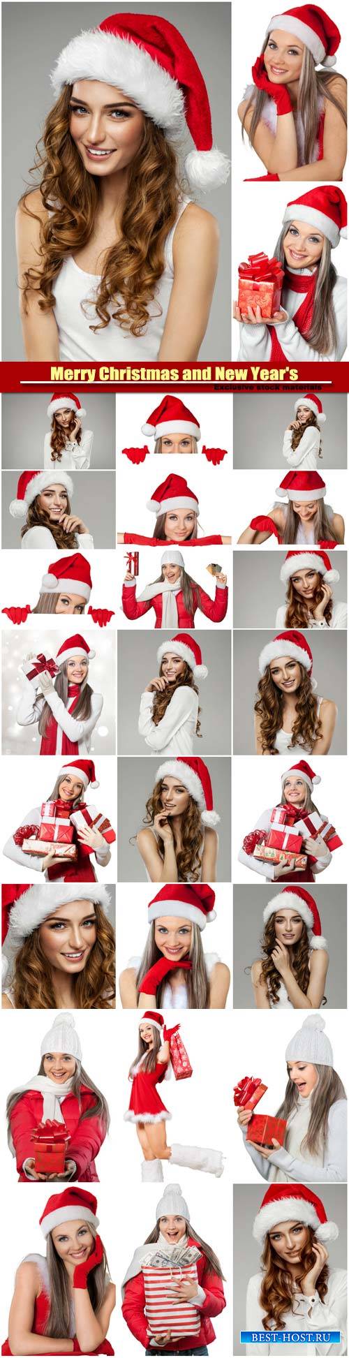 Beautiful female model wear santa hat, Merry Christmas and New Year's