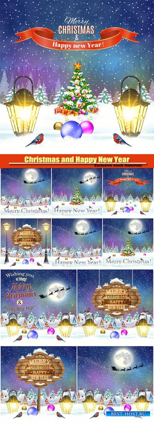 Christmas and Happy New Year vector greeting card, Santa Claus with deers i ...