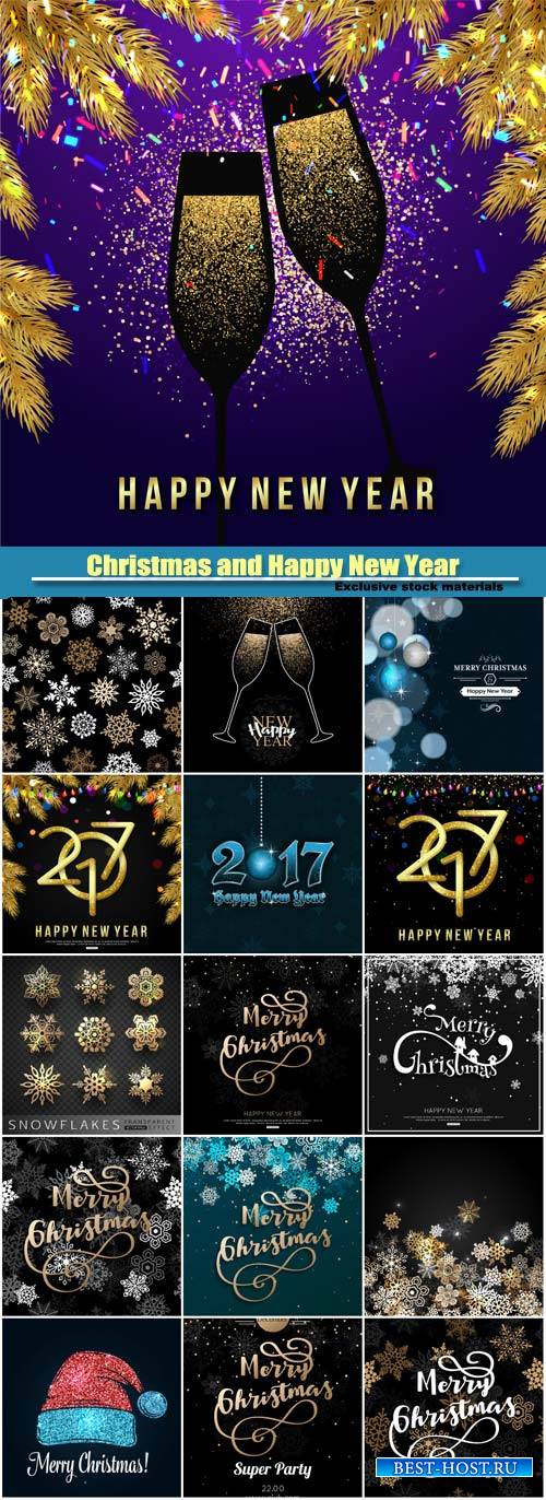 Merry Christmas and Happy New Year vector greeting card, background with go ...
