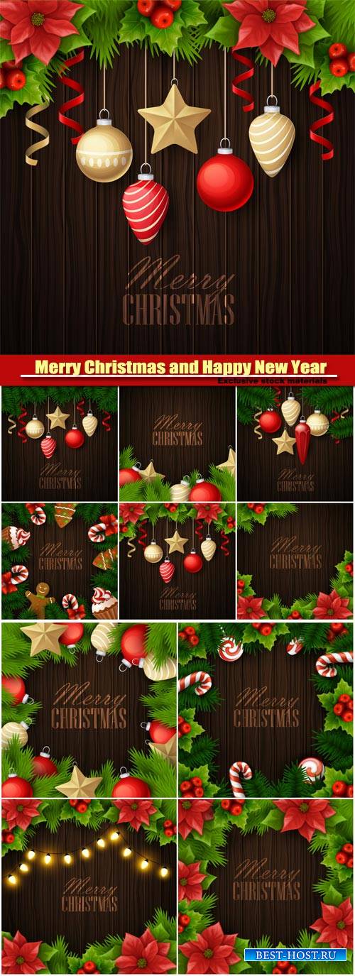 Merry Christmas and Happy New Year vector background, holiday celebration