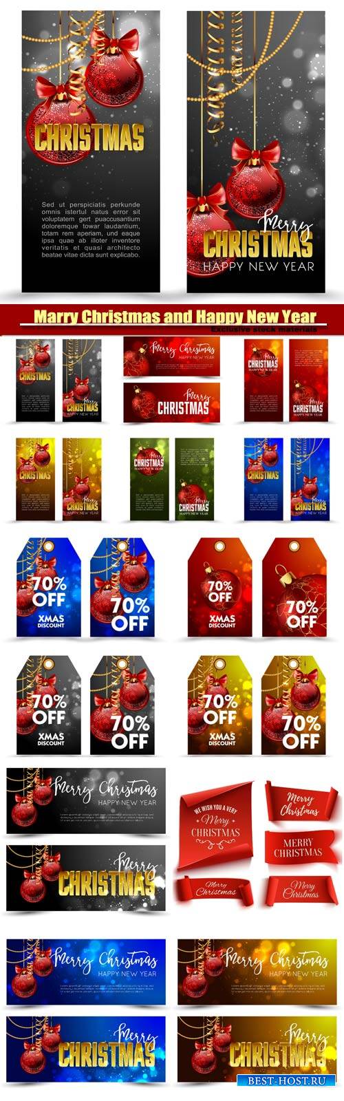 Marry Christmas and Happy New Year vector, tag with decoration ball and labels, web banners set