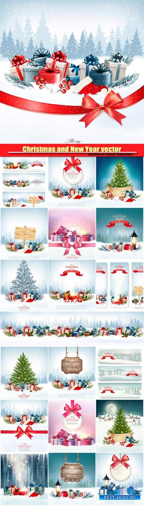 Christmas and New Year vector, holiday background, christmas tree and prese ...