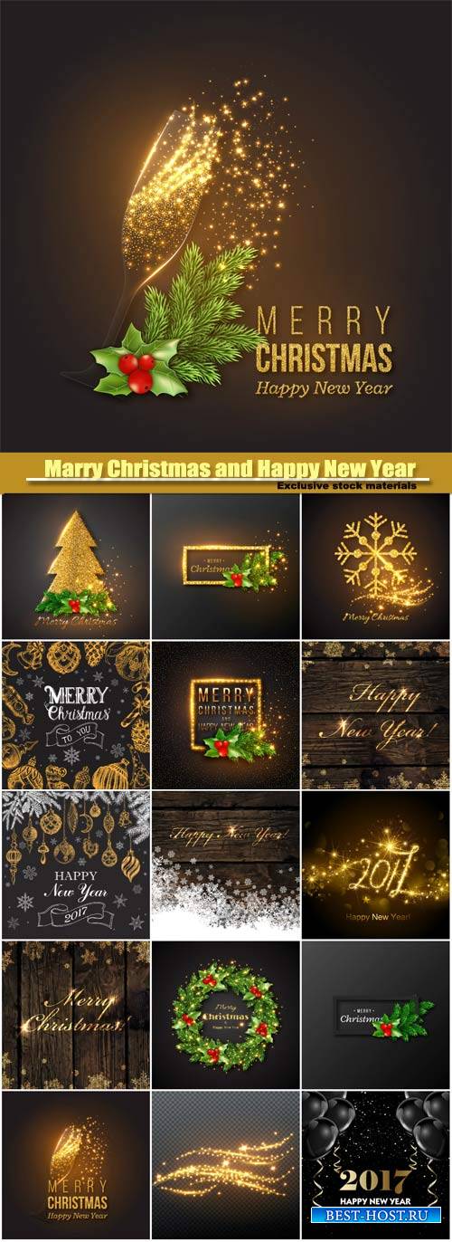 Marry Christmas and Happy New Year vector, golden decoration, champagne spl ...