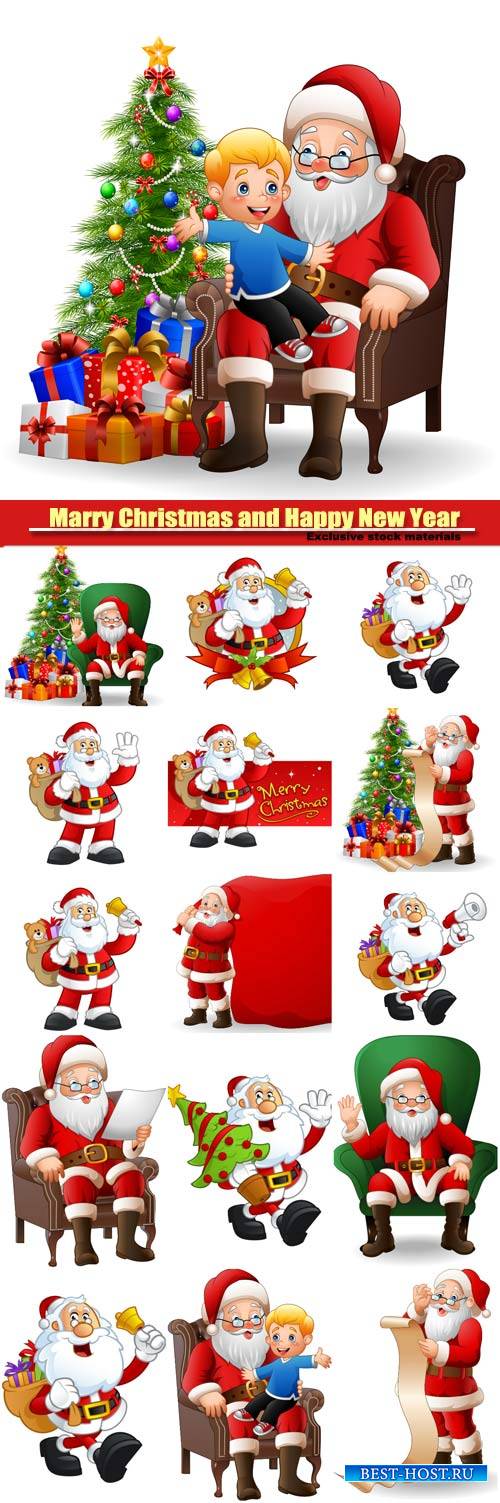 Vector Santa Claus with Christmas gifts and tree