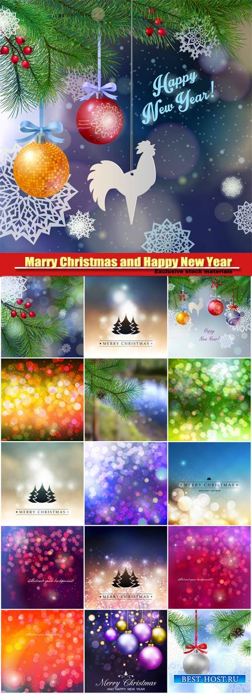 Marry Christmas and Happy New Year vector, tree branches, beautiful balls,  ...