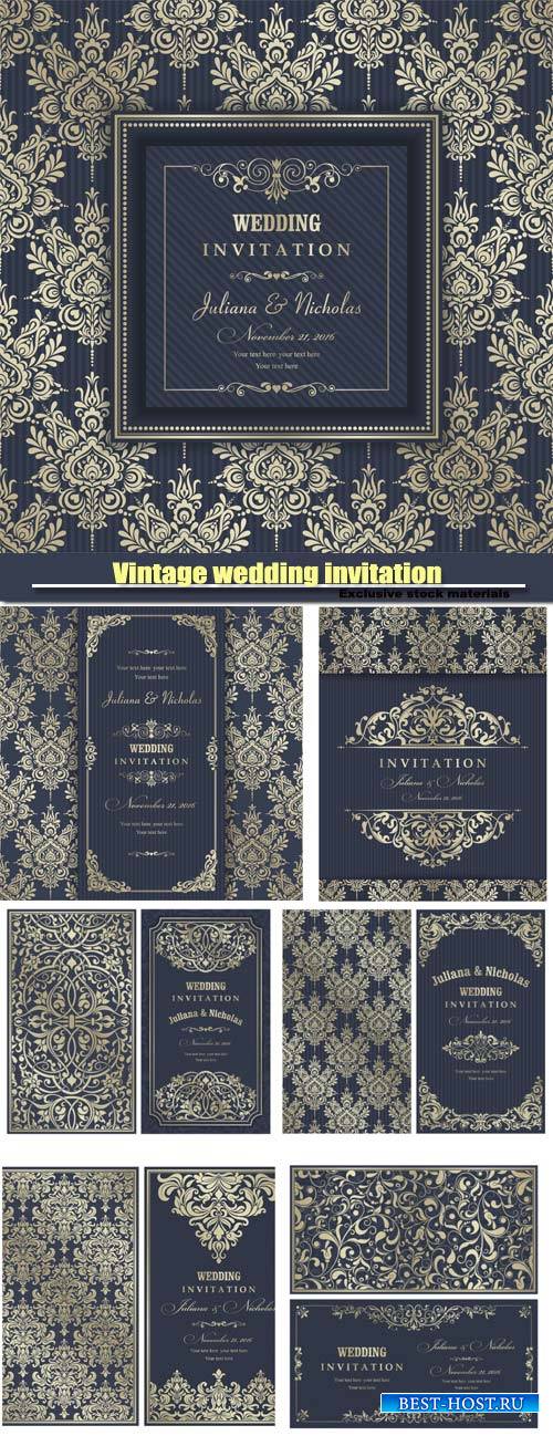 Vintage wedding invitation in the vector backgrounds with patterns