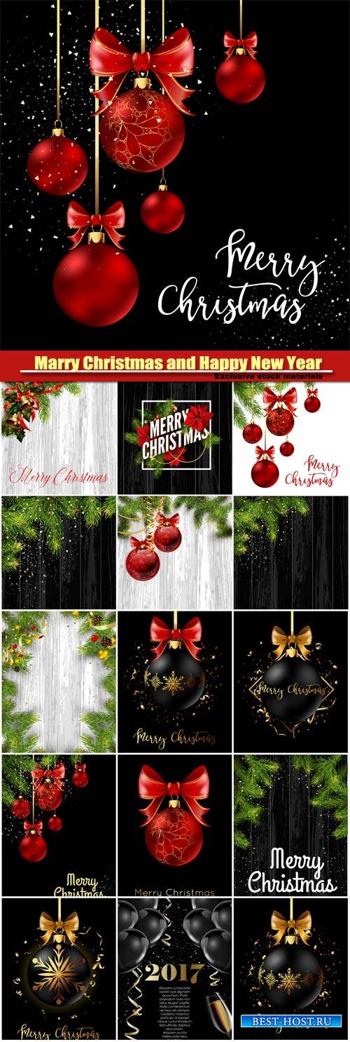 Marry Christmas and Happy New Year vector, Christmas decoration ball with golden ribbon bow