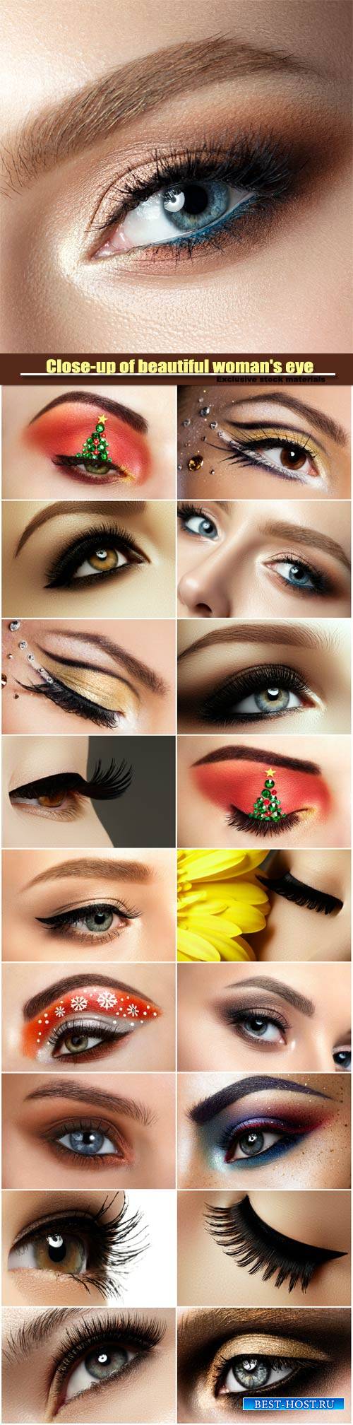 Close-up of beautiful woman's eye, colored eyeshadows, makeover christmas tree