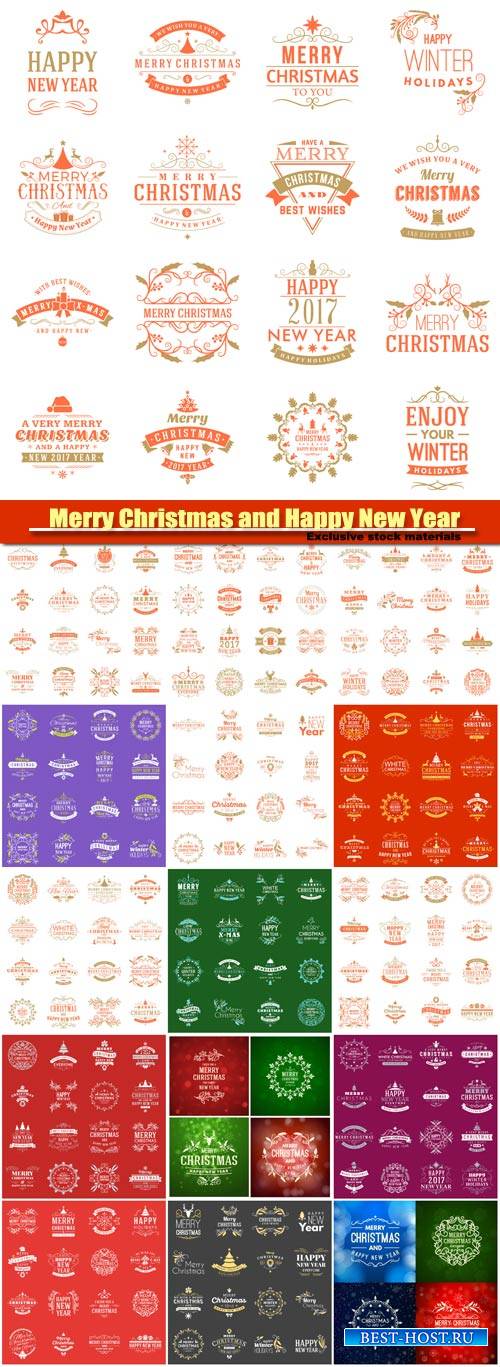 Merry Christmas and Happy New Year, decorative elements vector