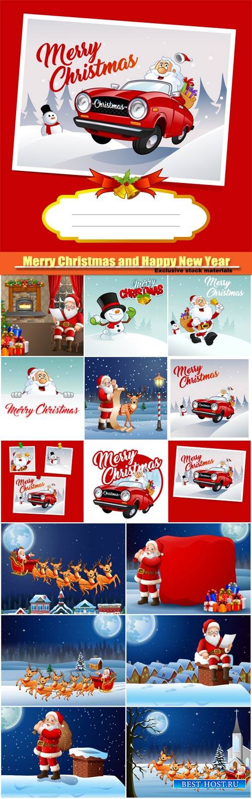 Merry Christmas and Happy New Year vector, Santa Clause and snowman