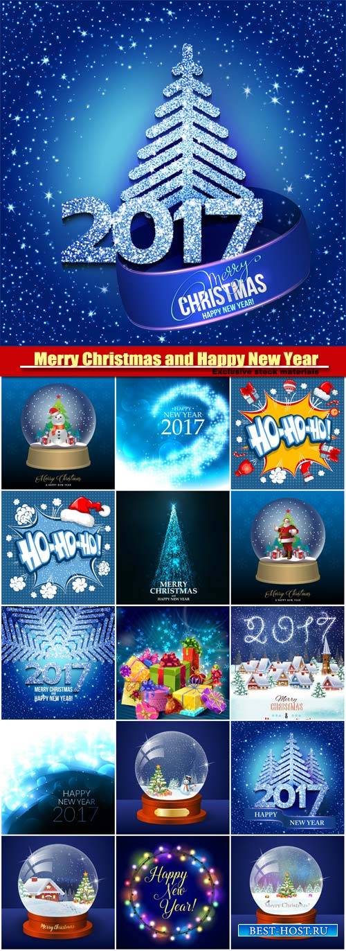 Merry Christmas and Happy New Year vector, Christmas trees, winter globe with christmas tree