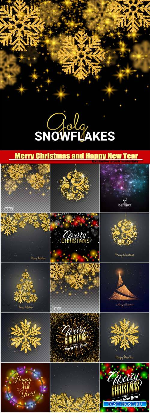 Merry Christmas and Happy New Year vector, gold snowflakes, glitter for banner