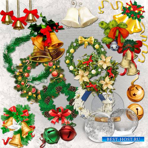 Клипарт - Рождественские колокольчики, венки и шары