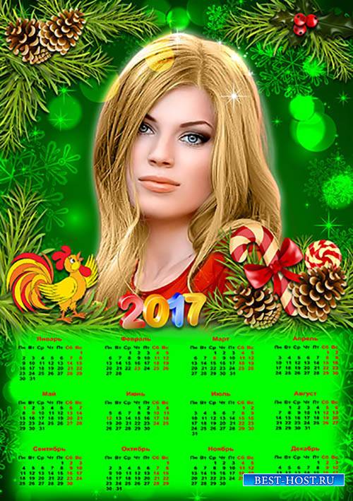 Календарь на 2017 год на зеленом фоне c петухом