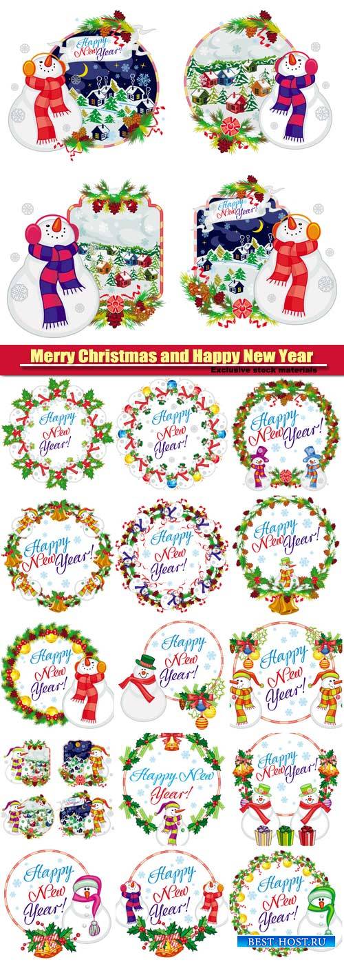 Set of holiday labels with happy snowman in funny hat and scarf,  New Year and Christmas design element