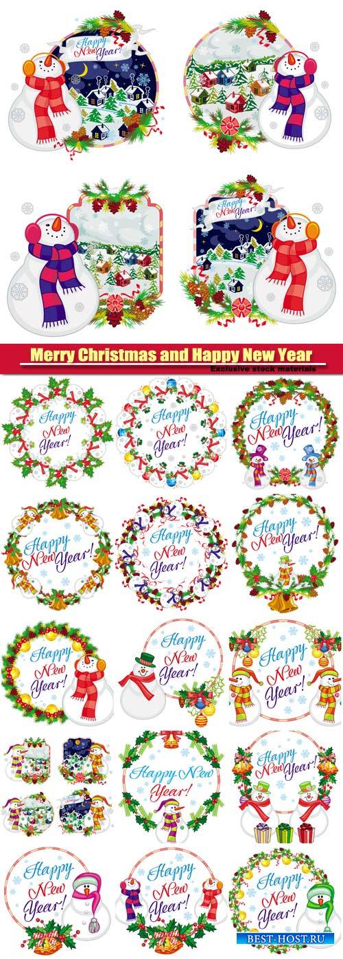 Set of holiday labels with happy snowman in funny hat and scarf,  New Year  ...