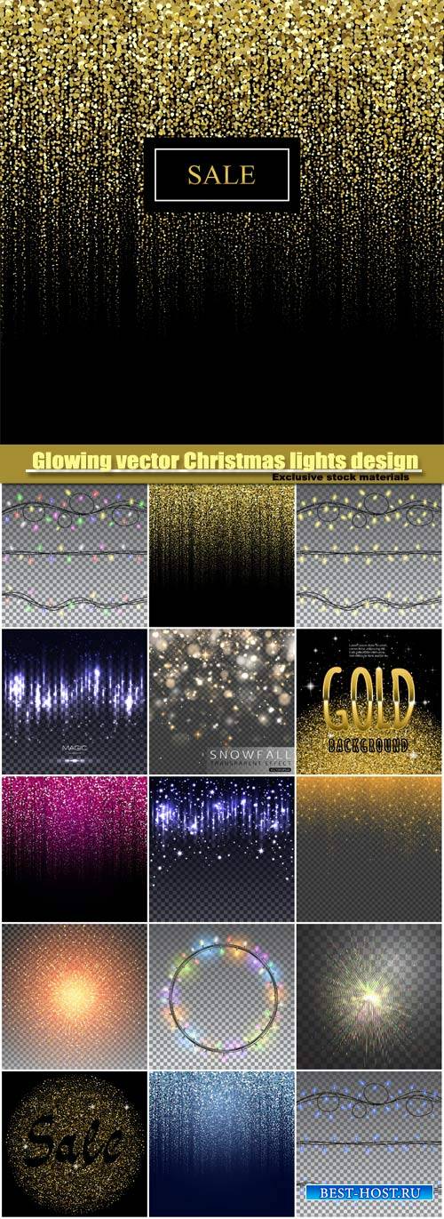 Glowing vector Christmas lights design elements, particles rain background, design element