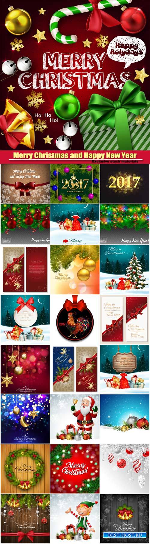 Merry Christmas and Happy New Year vector, greeting cards, leaflets and brochures