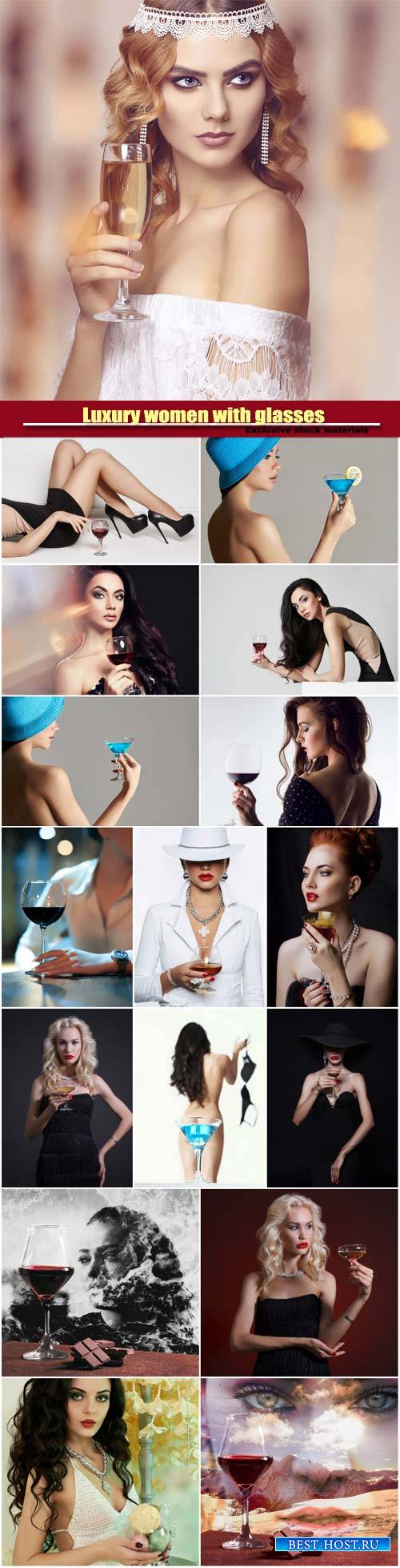 Luxury women with glasses of champagne and wine