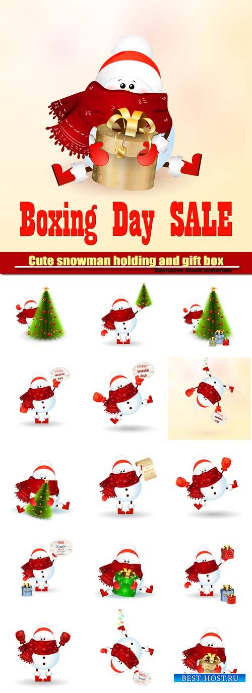 Cute snowman holding and gift box, vector christmas tree