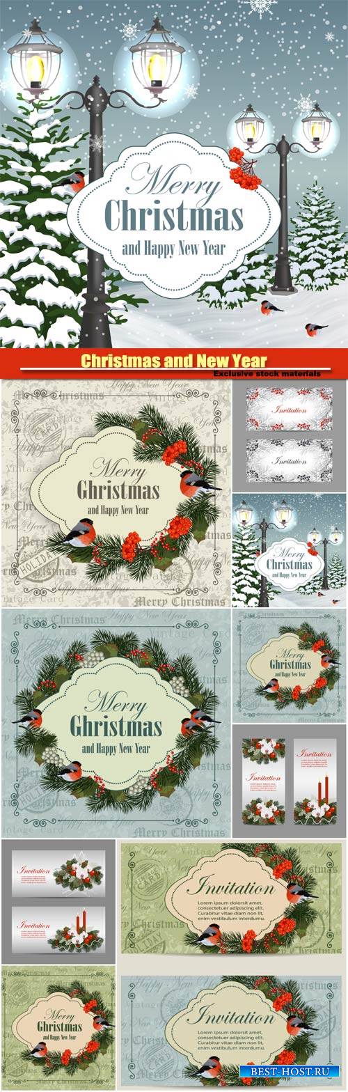 Christmas and New Year vintage greeting card