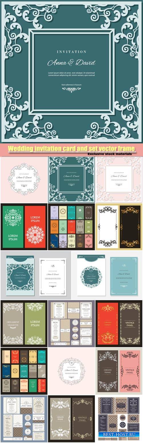Wedding invitation card and set of vector labels