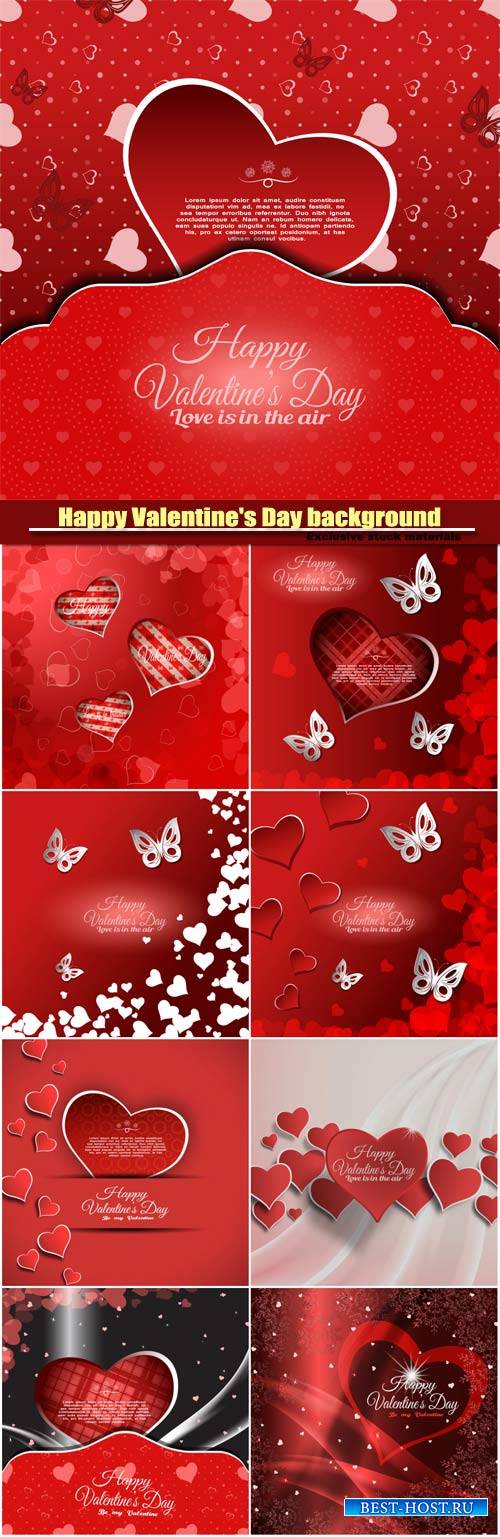 Vector Happy Valentine's Day background with red heart and white butterfli ...