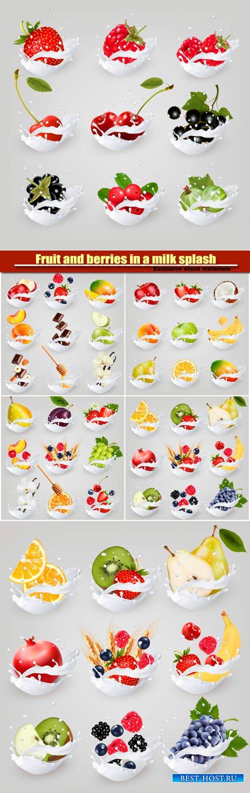 Big vector collection icons of fruit and berries in a milk splash