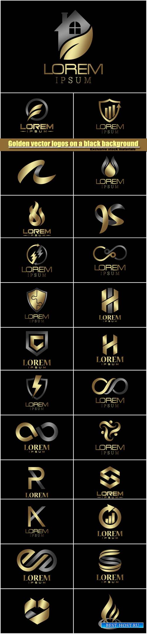 Golden vector logos on a black background