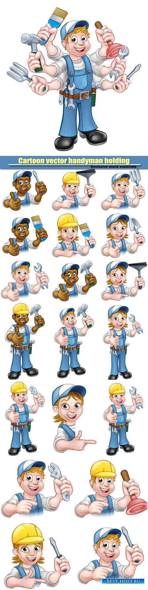 Cartoon vector handyman holding lots of tools
