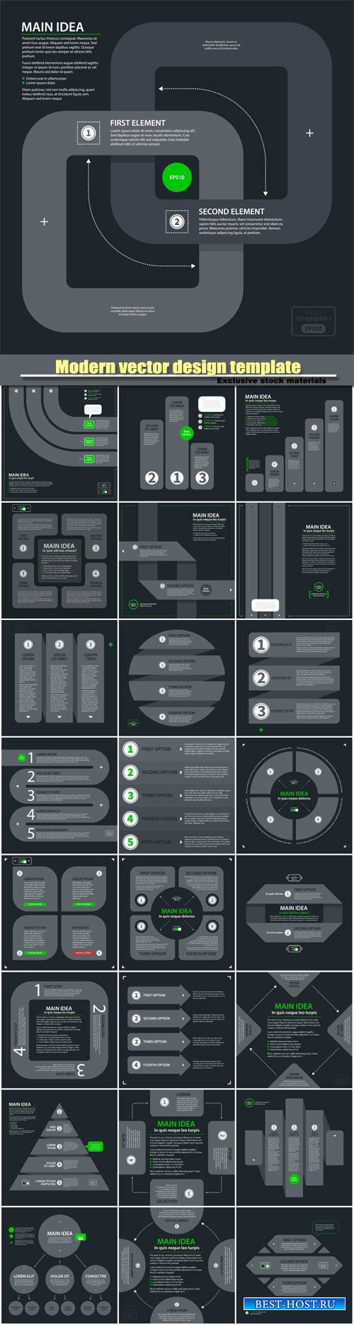 Modern vector design template with four arrows and options in flat style on dark gray background