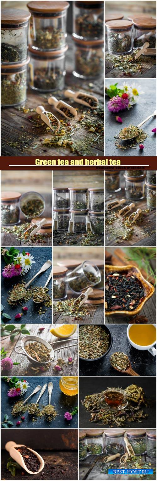 Healthy dry tea, green tea and herbal tea, loose tea