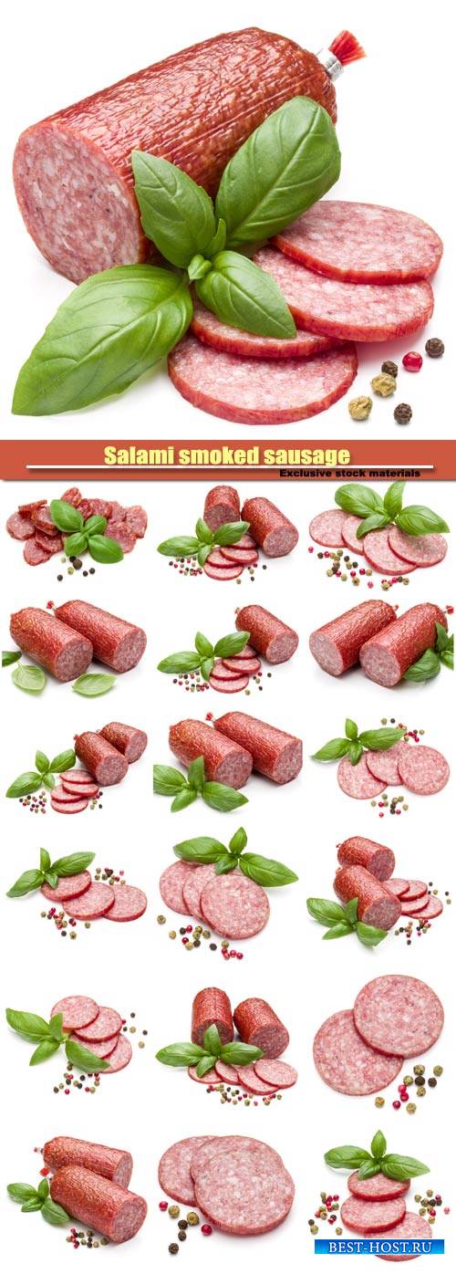 Salami smoked sausage, basil leaves and peppercorns isolated on white background