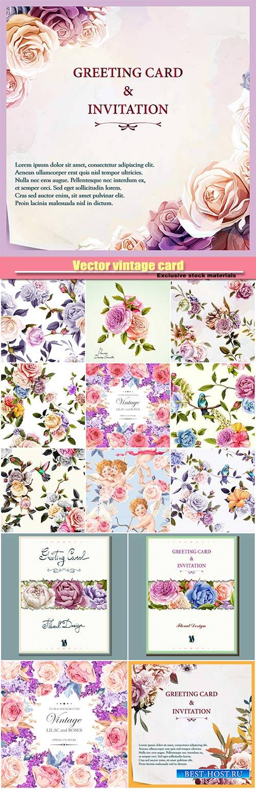 Vector vintage card with pastel lilac and roses