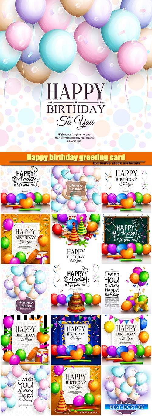 Happy birthday greeting card,  multicolored balloons