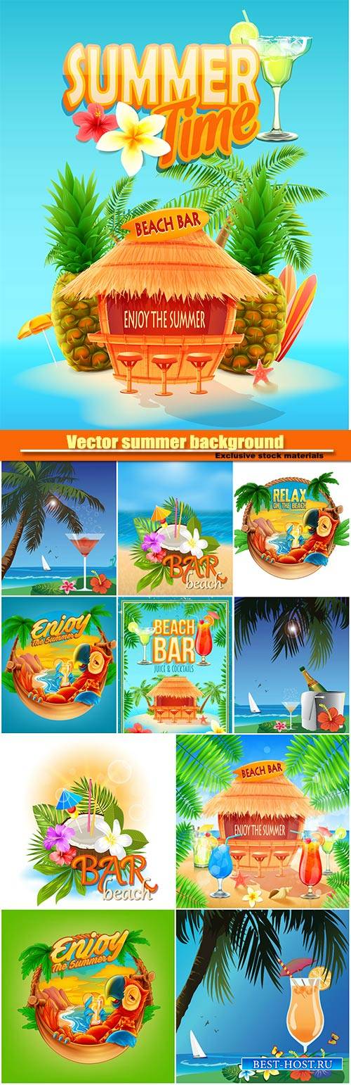 Vector summer background with palm trees and exotic cocktails