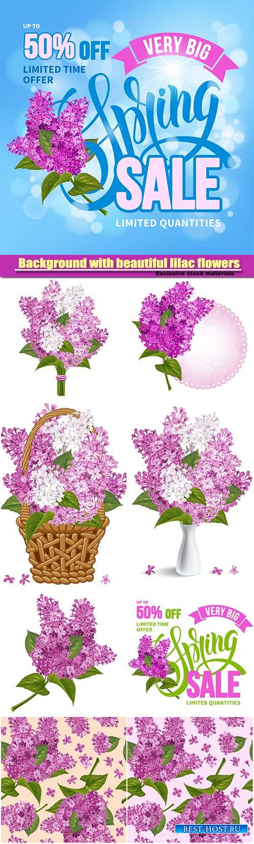 Spring sale on defocused background with beautiful lilac flowers