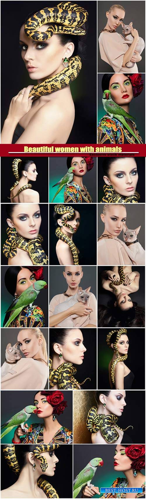 Beautiful women with animals, girl with snake girl with a parrot, girl with ...