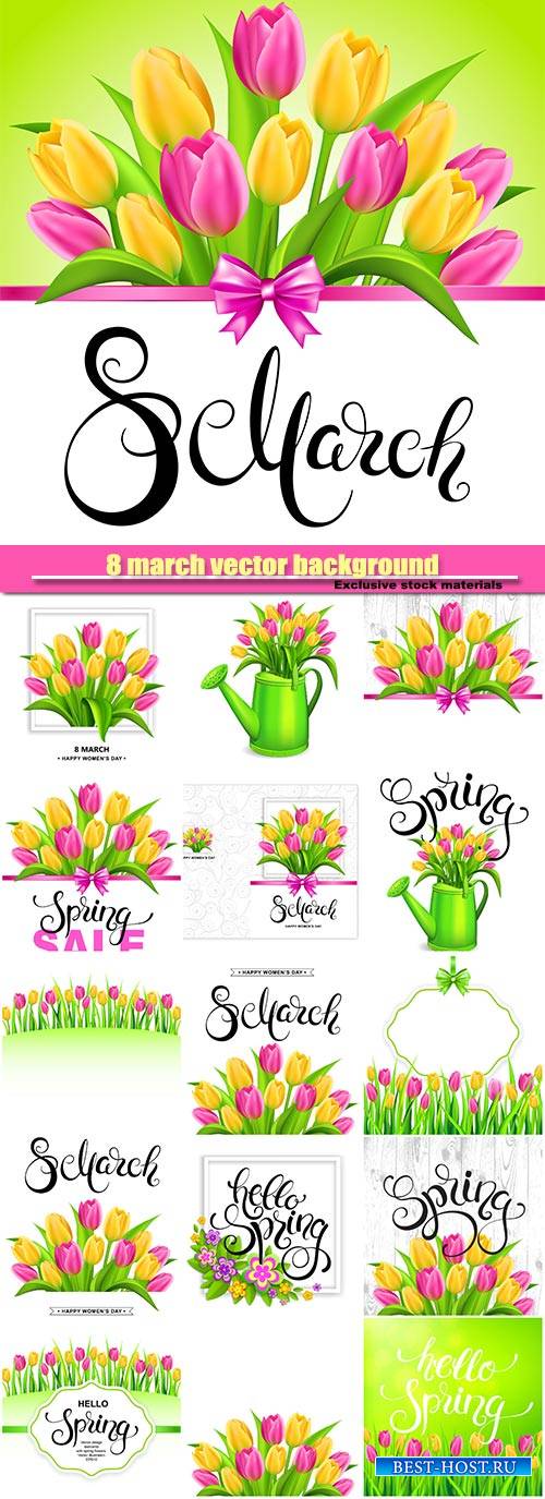8 march background with handwritten calligraphy lettering and tulips bouque ...