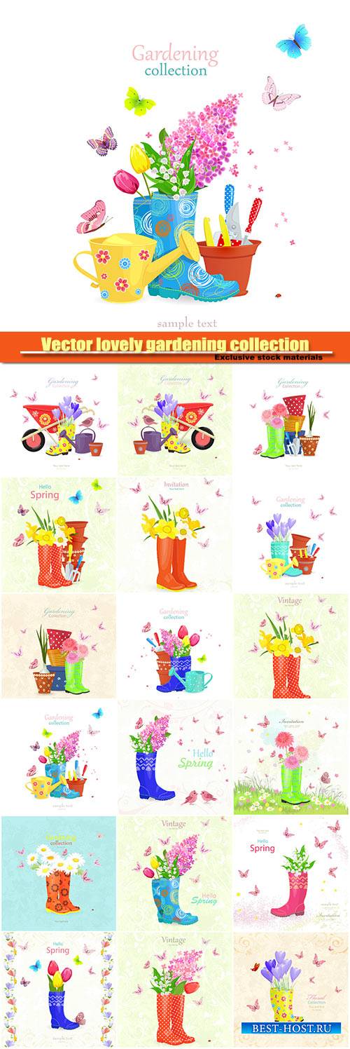 Vector lovely gardening collection, vintage banner with bouquet of spring f ...